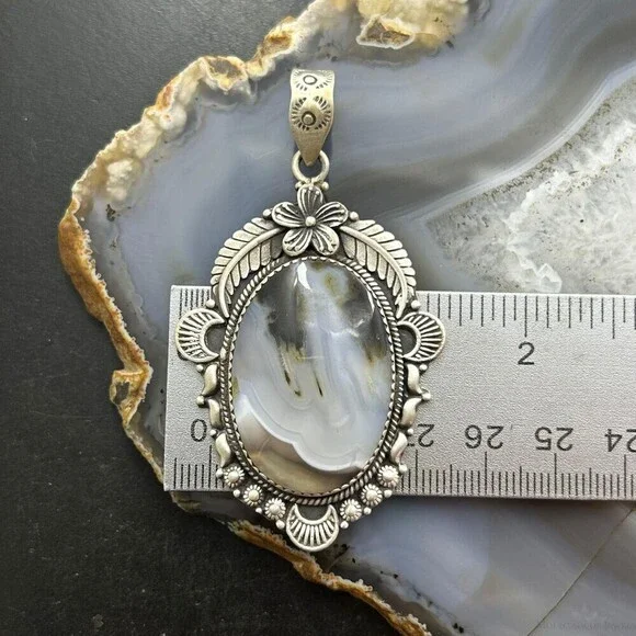 Sterling Southwestern Style Oval Moss Agate Tube Decorated Pendant For Women